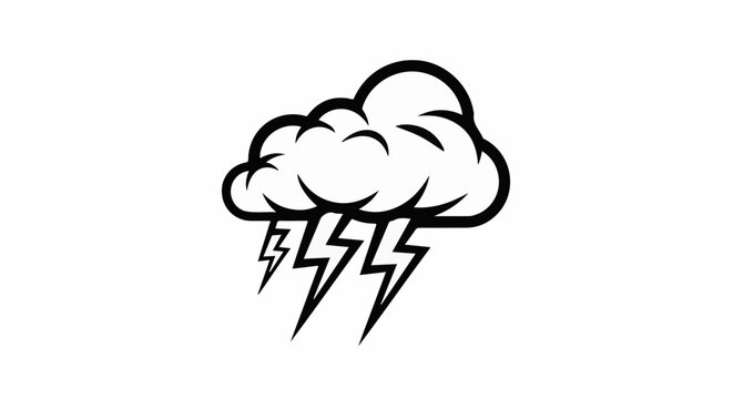 Stylized storm cloud with lightning bolts depicted in black and white