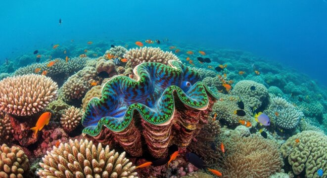A vibrant coral reef teeming with colorful fish and diverse marine life underwater