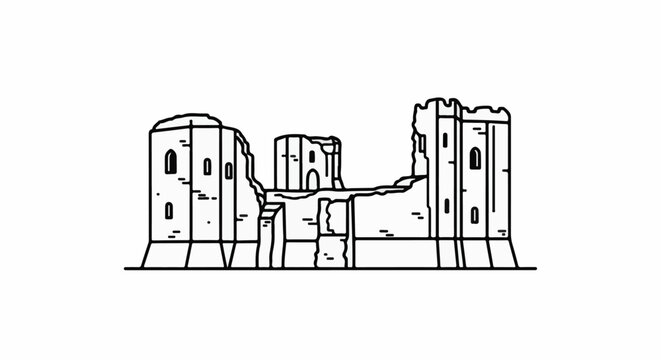 Stylized line art depicts the weathered ruins of a medieval castle on a white background