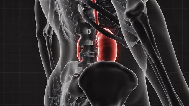 3D medical animation showing human kidneys highlighted inside the body, representing renal system, kidney health, and internal anatomy.