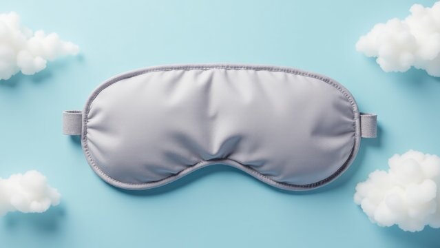 A sleeping mask on a soft blue background with fluffy white clouds, perfect for bedroom or relaxation scenes