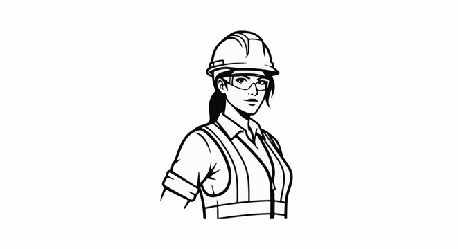 Stylized illustration of a woman wearing a hard hat, safety glasses, and vest