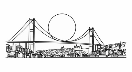 Fototapeta premium Stylized line drawing of a suspension bridge over a city