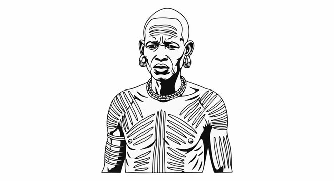 Stylized monochrome portrait of a tattooed man with large earrings