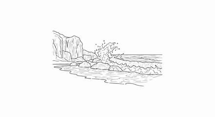 Fototapeta premium Stylized line drawing of a wave crashing on rocky shore