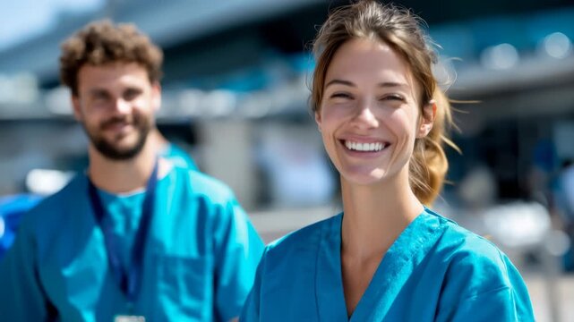 Smiling cleaning service team in blue uniforms outdoors, portrait of professional janitors with cleaning supplies and friendly service attitude