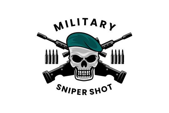 Military Skull Emblem with Crossed Rifles and Sniper Logo Design Vector Template. Military Logo Design Icon