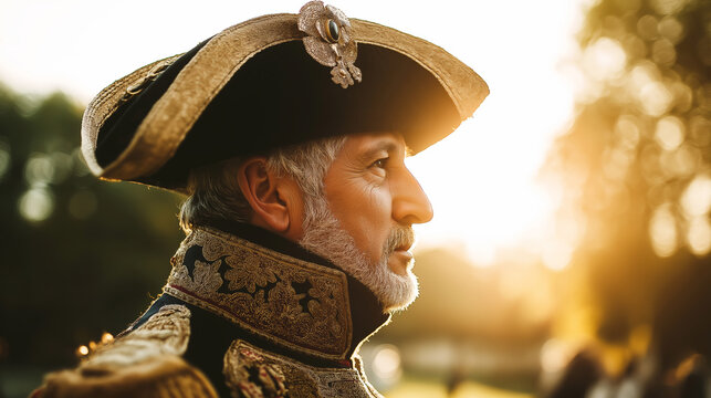 Mature man with a beard dressed in a richly embroidered uniform and bicorne hat, looking thoughtfully to the golden light