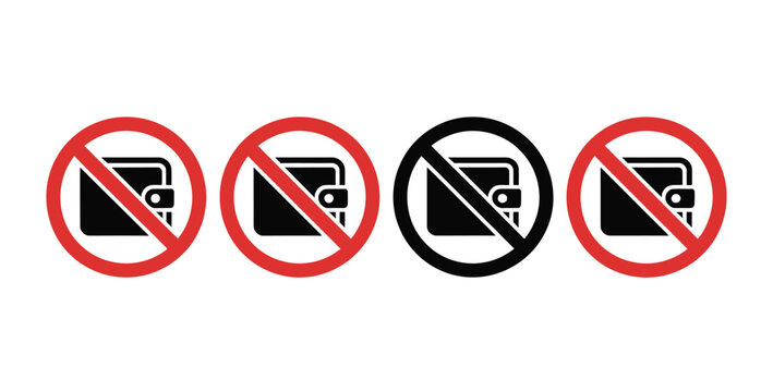 No wallet icon pack, vector sign collection for finance and payment restriction, wallet prohibition symbols, no payment allowed icons, financial limitation signs, modern flat vector design for apps, s