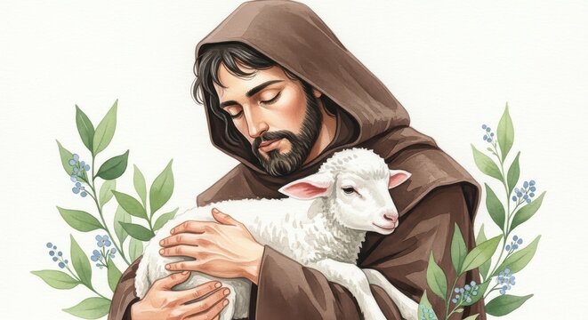 Saint Francis of Assisi Holding Lamb, Religious Artwork, Christian Symbol