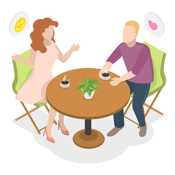 3D Isometric Flat Vector Illustration of People Enjoying Coffee Break, Cheerful Customers Enjoying Coffee At Cafe Seating Area. Item 1