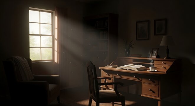 A cozy interior scene bathed in sunlight, a vintage desk with a book and coffee