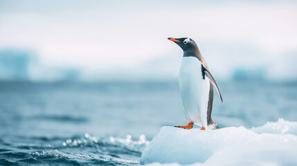 Obraz premium Gentoo penguin standing tall on a floating ice floe, observing the vast cold ocean environment