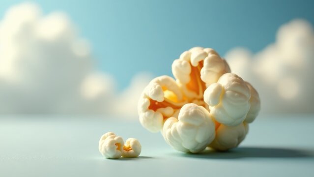 A close-up shot of popcorn on a table with fluffy clouds in the background