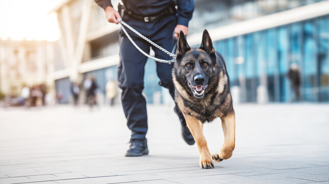 German shepherd police dog running on leash with K9 officer, ensuring security and public safety in urban city
