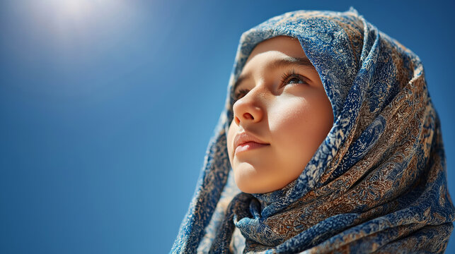 Young veiled muslim girl looking up with hope, face illuminated by sun, vibrant blue sky background