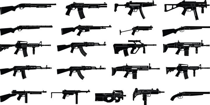 Weapon silhouettes vector set, assault rifles, shotguns, submachine guns, tactical firearms collection, military armament icons, black gun symbols for game design.