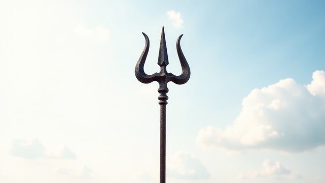 A statue of a trident sitting atop a pole, with a sturdy base and a decorative finial