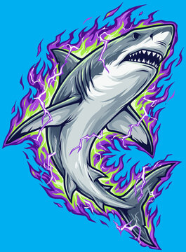 Aggressive Shark Mascot Vector with Energy Effects, Clean Line Sports Emblem, Solid Color Animal Illustration