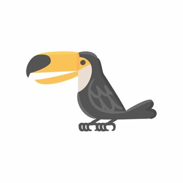 Animated cartoon toucan with large yellow beak perched, showing simple tropical bird design and calm playful mood