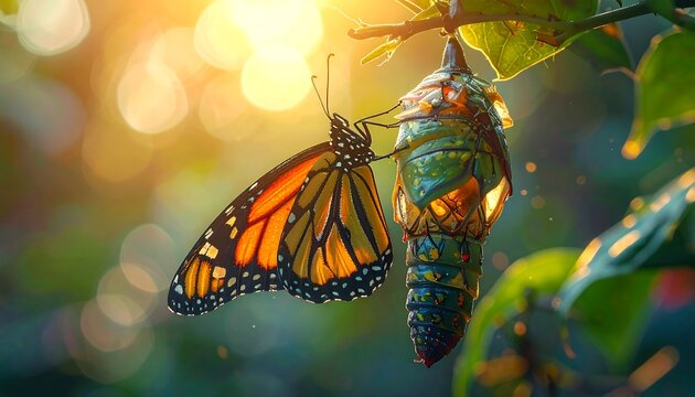 Monarch butterfly emerges from a chrysalis, backlit by sunlit foliage, softly focused