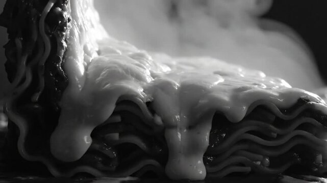 Close-up black and white video of steaming lasagna with melted cheese, food preparation concept