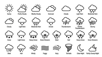 Naklejka premium Collection of weather icons representing diverse atmospheric conditions and forecasts