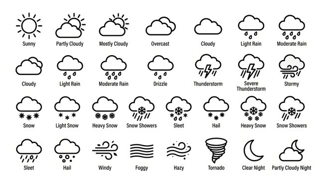 Collection of weather icons representing diverse atmospheric conditions and forecasts