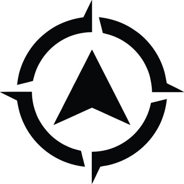 Black compass logo design with a triangle and circular arrow on white background for branding and navigation purposes with customizable tagline