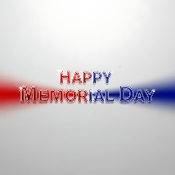 Happy Memorial Day text on white background, patriotic red and blue typography, American holiday greeting with light flares and bokeh effects