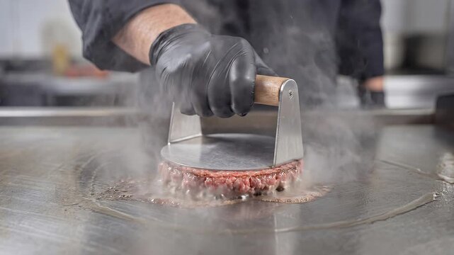 close up of chef pressing raw ground beef patty on hot griddle with metal press, cooking juicy hamburger in professional kitchen