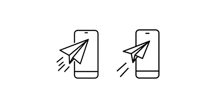 Mobile phone with paper plane icon set, sending message or email via smartphone, communication concept vector illustration