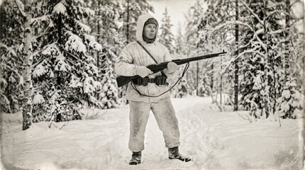 Obraz premium Soldier in Winter Attire with Rifle in Snowy Forest Landscape