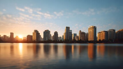 Fototapeta premium A panoramic view of a modern city skyline reflected beautifully on calm water during the golden light of sunrise or sunset