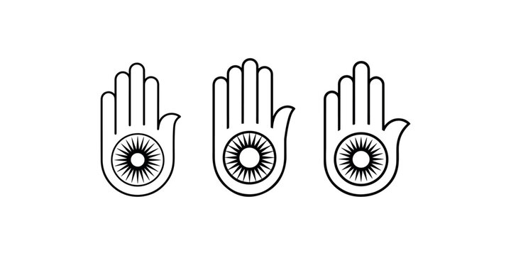 Three hamsa hand symbols, each featuring a radiating eye or sun-like emblem in the palm, rendered in a clean outline style