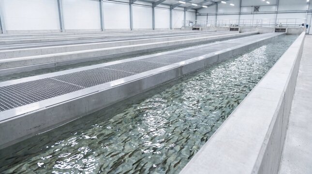 Modern fish hatchery troughs with flowing water in industrial setting  