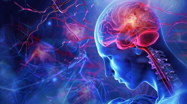 Epilepsy medical illustration showing neurological disorder, abnormal brain electrical activity, seizure convulsion symptoms, epilepsy types, diagnosis with EEG scan, 