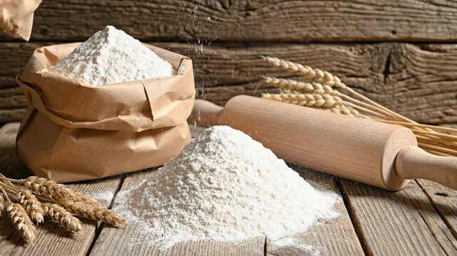 This features a charming rustic kitchen scene with flour and wheat as the main focus, accompanied by essential baking tools and ingredients, all set against a warm and inviting wooden backdrop.