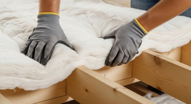Manual repair of mattress with hands in gray gloves adjusting fabric on wooden bed frame. Careful handling of mattress materials ensures comfort and longevity. Ideal for home improvement projects.
