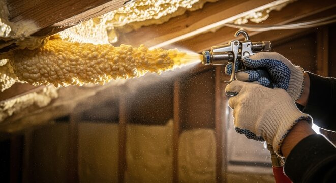 Good manual repair concept with worker using spray gun to apply insulation material in attic. Insulation process involves protective gloves, spray technique, and application of foam.