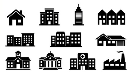 Fototapeta premium Collection of diverse building icons representing various architectural styles and purposes.