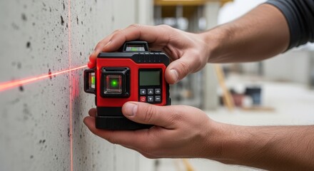Fototapeta premium Precision laser level in hands showing green beam on concrete wall. Laser level displays digital measurements with clear visibility for effective home improvement projects.