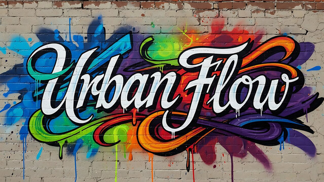 Colorful graffiti calligraphy urban flow on brick wall isolated on a transparent background