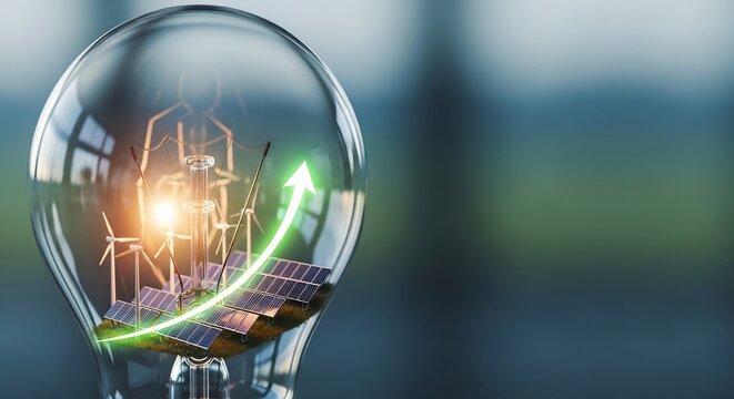Lightbulb with Solar Panels Wind Turbine and Green Upward Arrow Inside