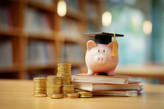 piggy bank and books for concept education and scholarships 
