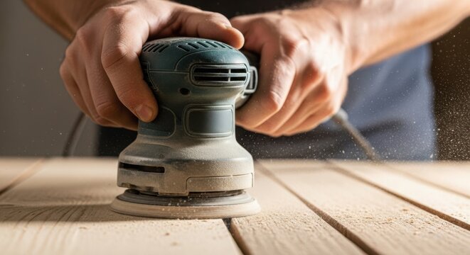 Manual repair process with hands using electric sander on wooden surface, smoothing wood planks for finishing touch. Manual repair tasks showcase craftsmanship in woodworking.