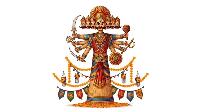 Dussehra festival concept with symbolic Ravana effigy and festive decorations, vibrant colors and cultural elements, warm lighting ambiance, high-detail illustration style, isolated white background, 