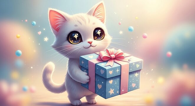 Cartoon kitten holding gift