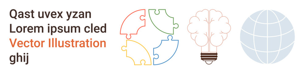 Obraz premium Team collaboration, creative ideas, innovation solutions, global potential, brainstorming, teamwork. Multicolored puzzle pieces, brain-shaped light bulb and a globe. Collaboration and brainstorming