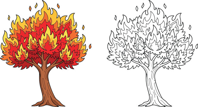 Cartoon Burning Bush or Fiery Tree Illustration Color and Outline Version